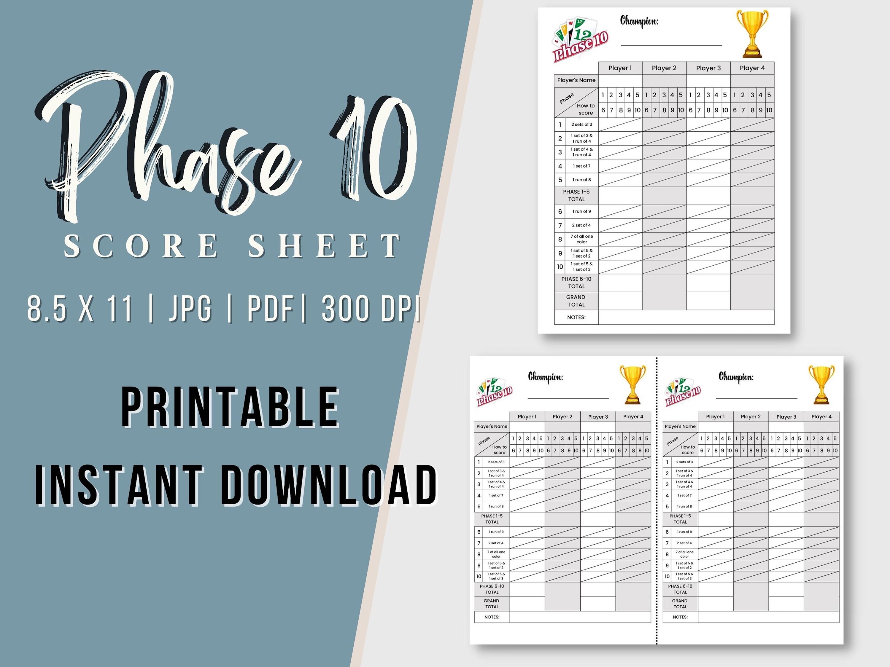 Phase 10 Card Game Printable Score Card Phase 10 PDF Score Sheet 