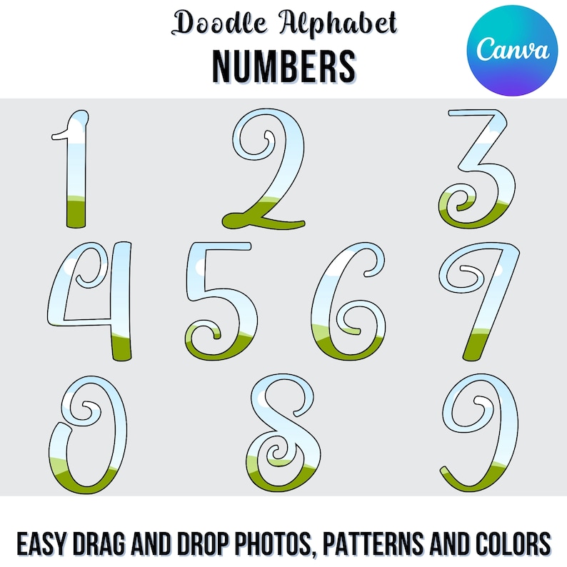 May include: Doodle alphabet numbers 1 through 9 with a green and blue color scheme. The numbers are outlined in white and have a whimsical, hand-drawn style.