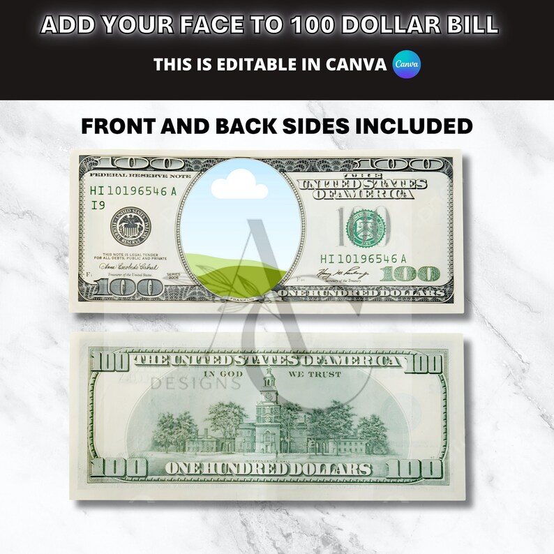 Dollar Bill Template, Your Face on Money, Personalized Dollar, Editable Dollar Bill Template, Your Face on Money, Personalized Dollar, Editable