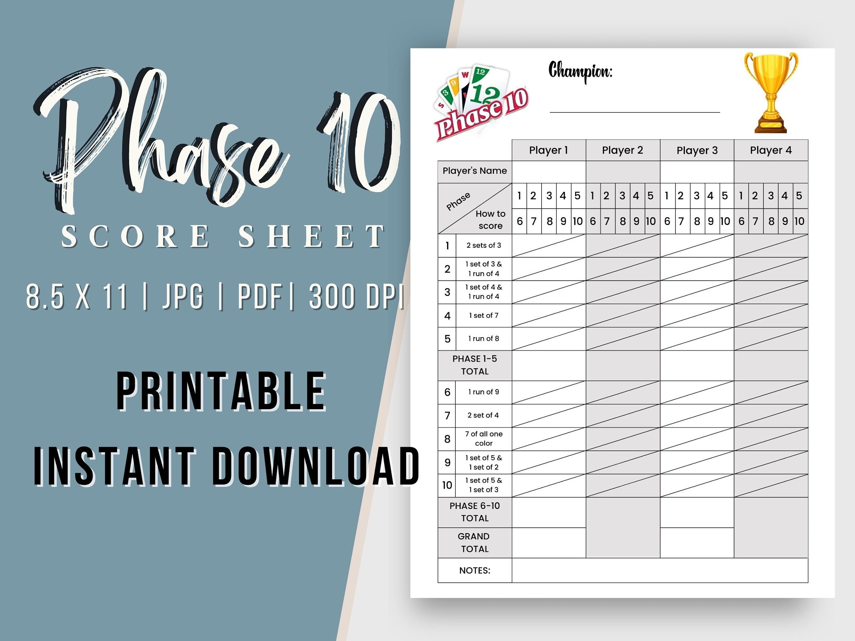 Phase 10 Card Game Printable Score Card Phase 10 PDF Score Sheet 