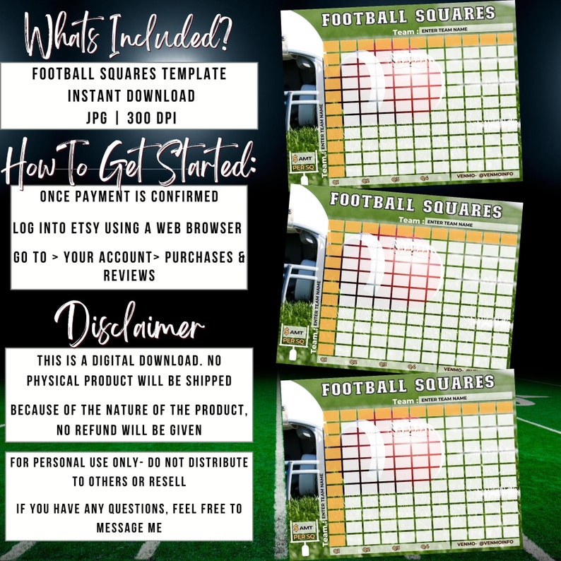 Super Bowl Squares Printable Template Football Fundraiser (canva PDF