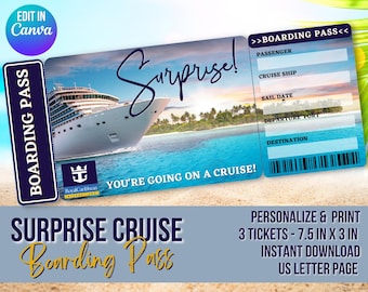 Cruise Boarding Pass Canva Editable Template: Royal Caribbean Surprise Cruise Vacation  Gift Tickets
