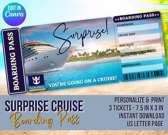 Cruise Boarding Pass Canva Editable Template: Royal Caribbean Surprise Cruise Vacation  Gift Tickets