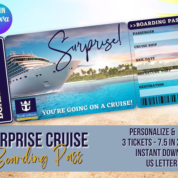 Cruise Boarding Pass Canva Editable Template: Royal Caribbean Surprise Cruise Vacation  Gift Tickets