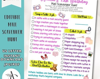 Teen Birthday Mall Scavenger Hunt: Photo Challenges (Editable PDF)