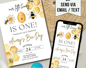 Zaproszenie na pierwsze urodziny pszczółki: Edytowalne przyjęcie Bumble Bee (do pobrania cyfrowego)