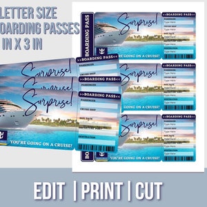 May include: Three printable 7.5 x 3 inch boarding passes with a cruise ship and palm trees. The text on the passes says "Surprise! You're going on a cruise!"
