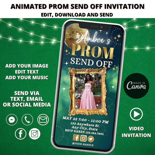 Animated green prom send off video invitation, digital prom party invitation, text invitation prom send off party, grad party, prom evite