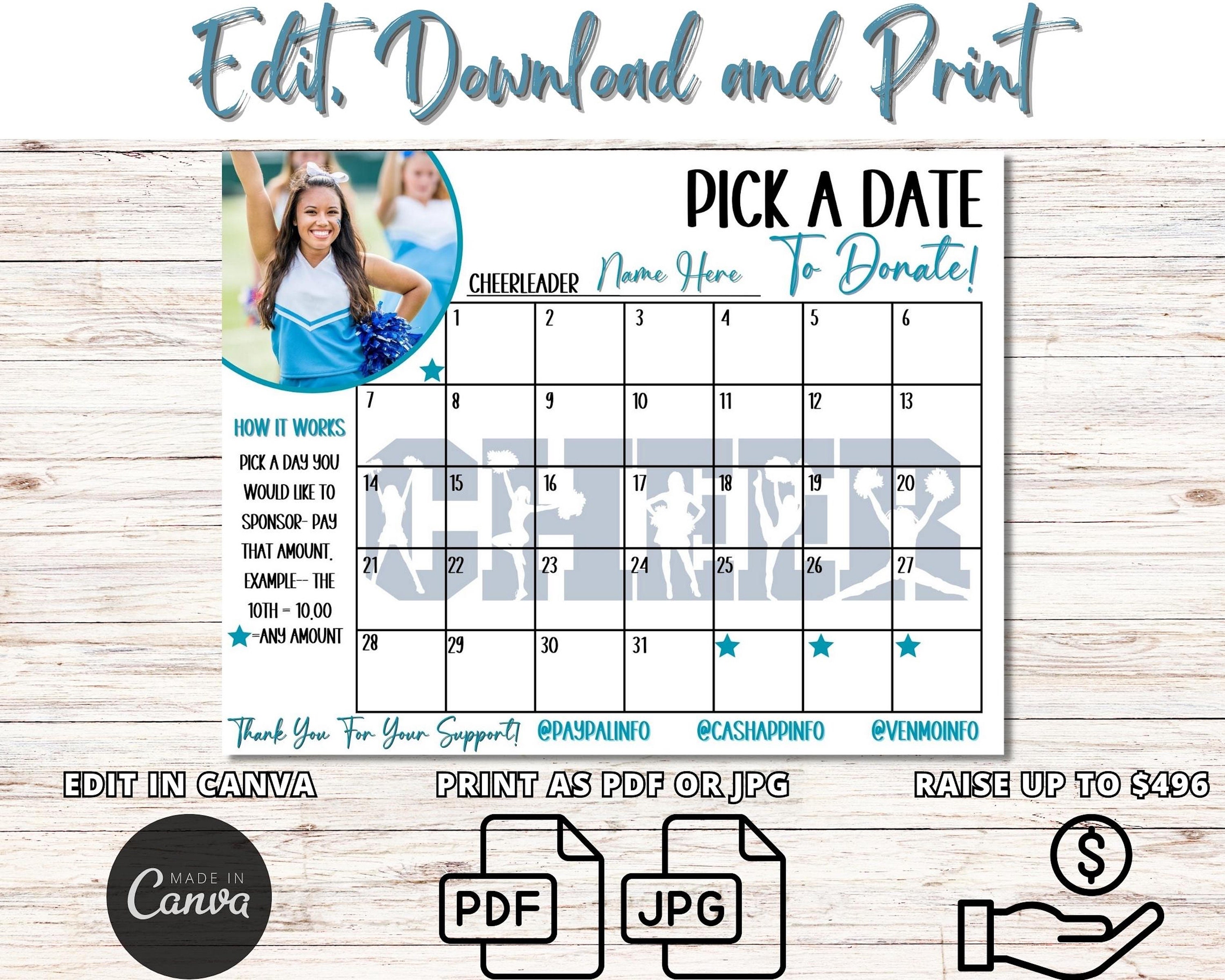 Pay for Your Day Calendar Fundraiser, Pick a Date Cheer Fundraiser Pay for Your Day Calendar Fundraiser, Pick a Date Cheer Fundraiser