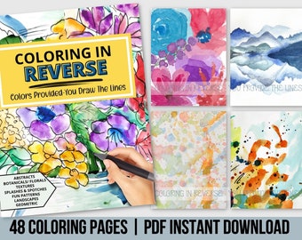 BaCKWARDS  Coloring Digital Coloring Book PDF for Stress Relief, Printable Abstract Watercolor Coloring Book, Inverse / Reverse Coloring