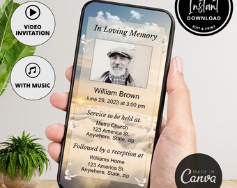 May include: A digital memorial card with a cloudy sky background and a photo of a man wearing a hat. The text reads "In Loving Memory" and includes the name "William Brown", the date "June 29, 2023 at 3:00 pm", and details for a service and reception.