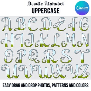 May include: Doodle alphabet in uppercase letters with a green grass and blue sky design. The letters are outlined in black and have a white fill.