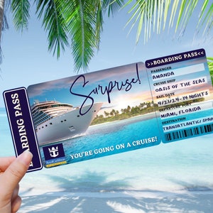 May include: A blue and white cruise ship boarding pass with the text "Surprise! You're going on a cruise!"  The pass includes the passenger name Amanda, the cruise ship Oasis of the Seas, the sail date 4/21/24-14 nights, the departure port Miami, Florida, and the destination Transatlantic/Spain.