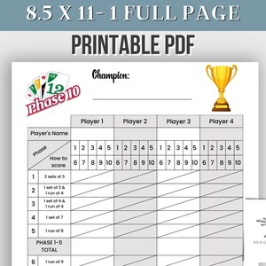Phase 10 Card Game Printable Score Card Phase 10 PDF Score Sheet Phase 10 Card Game Printable Score Card Phase 10 PDF Score Sheet