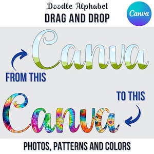 May include: A graphic design tutorial showing how to add a tie-dye pattern to the word "Canva" using a drag and drop feature. The word "Canva" is shown in two versions: one with a sky and grass background and the other with a tie-dye pattern.