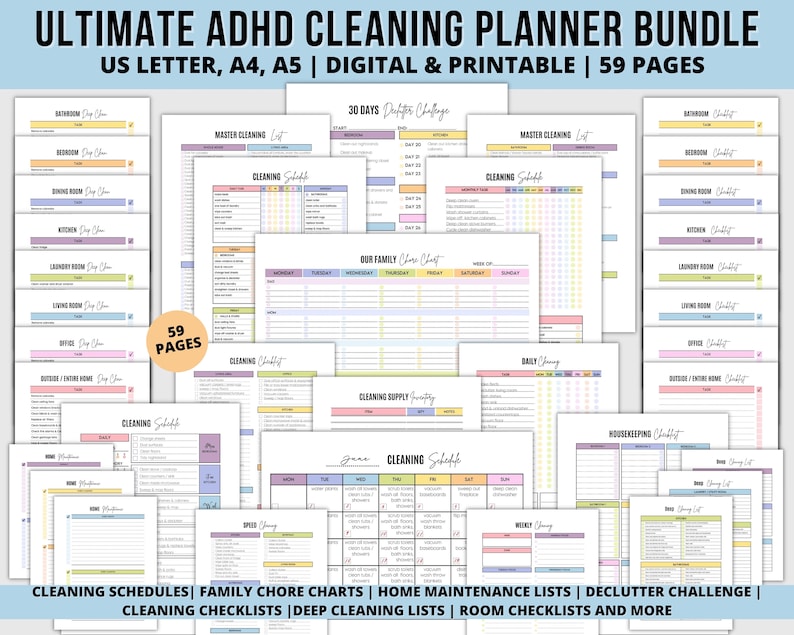 ADHD Cleaning Checklists Weekly House Chores Clean Home Etsy