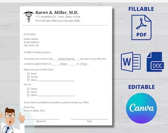 Plantilla editable de justificante médico: Nota médica imprimible (PDF, Word, Canva)