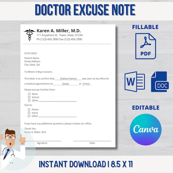 Doctors Excuse Note for work, Medical Excuse Printable Note, School Excuse Note,  Sick Leave Medical Note,  Fake Doctors Note Template