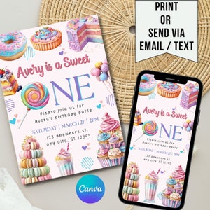 Sweet one baby first birthday invitation, Baby Girl&#39;s Sweet one Donut Invitation, Ice cream candy Sweet party invitation, 1st birthday girl