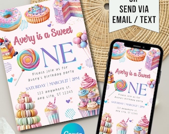 Sweet One Birthday Invitation: Donut, Candy, Ice Cream (Digital Download)