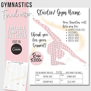 Gymnastiek inzamelingsactie bewerkbare Canva-sjabloon, gymnastiek team inzamelingsactie afdrukbaar, gymnastiekclub inzamelingsformulieren, inzamelingsactie invullen