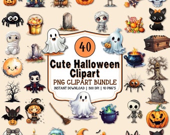 Cute Halloween Clipart Bundle, Spooky PNG Graphics (40 Files)