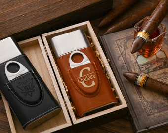 Customizable Leather Cigar Case, Engraved Cutter, Travel-Friendly Design, Ideal Gift for Groomsmen, Him and Father's Day