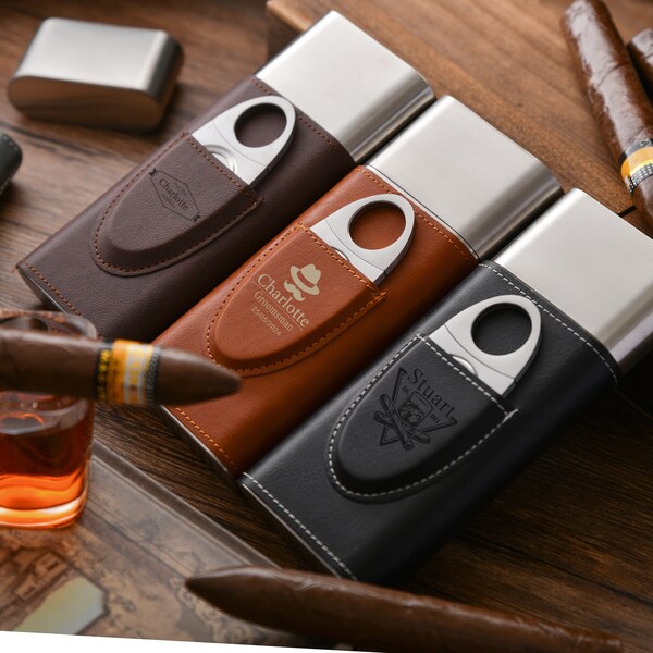 Personalized Cigar Set, Elegant Leather Case with Engraved Cutter, Portable and Stylish, Thoughtful Gift for Groomsman or Father