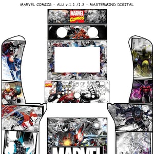 Puede incluir: Un adhesivo para cabina de arcade en blanco y negro con personajes de Marvel Comics, incluyendo Spider-Man, Iron Man, Capitán América y Hulk. El adhesivo presenta el logotipo de Marvel Comics y la palabra "MARVEL" en letras grandes y negritas.