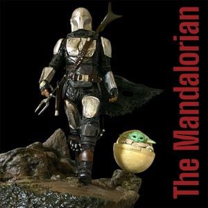 The Mandalorian Diorama, Resin PLA Painted Figure, Star Wars Handmade Statue, Bounty Hunter Collectible, Sci-Fi Shelf Decor, Gift for Him