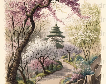 PRINTABLE Landscape Art Japanese Cherry Blossom Scenic Fantasy Art ...
