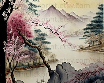 PRINTABLE Landscape Art Japanese Cherry Blossom Scenic Fantasy Art ...