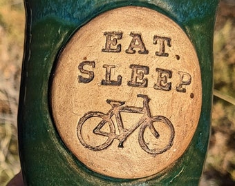 Eat Sleep Bicycle Mug, Fitness Cup, Bicycling Tea Cup Coffee Mug, 10 Ounces, Handmade Bike Cup, Green and White Bike Stoneware Mug