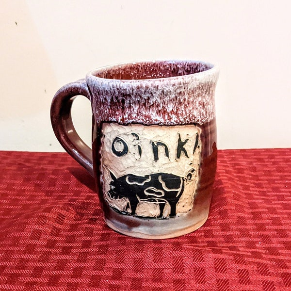 Handmade Red Pig Coffee Mug, Sgraffito Cup, Country Decor, Wheel Thrown Coffee Cup, Farm Animal Mug, Coffee Lover Gift, 12 ounce