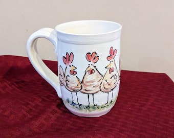 Chicken Coffee Cup, Chicken Mug, Bird Cup, Hand Painted Cup, Farm Cup, Ranch Mug, Funny Chicken Cup, Silly Animal Cup, Pottery Coffee