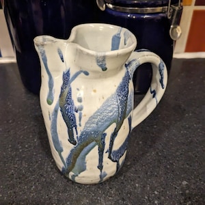 Blue and White Drippy Glazed Pitcher, Wheel Thrown Pitcher, Handmade Pitcher, Wedding Gift, Gift for Mom, Ceramic Pitcher, Artsy Pitcher