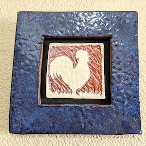 Ceramic Framed Rooster Tile, Chicken Sgraffito Tile, Blue Ceramic Framed Chicken, Ceramic Wall Art, Chickens, Rooster, Farm Decor, Animals