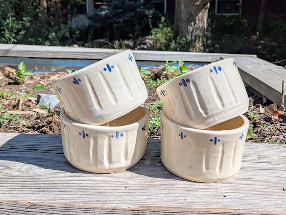 Handmade White and Blue Stoneware Ramekin, Wheel Thrown Mini Casserole