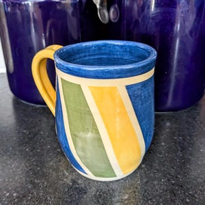 Handpainted Colorful Geometric Ceramic Cup, Wheel Thrown Striped Cup, Blue and Yellow Ceramic Pottery Cup, Colorful Pottery Cup, Kids Cup