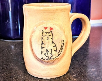 Pink Cat Coffee Cup, Cat Mug, Animal Cup, Hand Painted Cup, great gift idea, pet animal cup, Silly Animal Cup, Pottery, striped cat mug