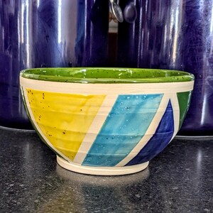 Colorful Handpainted Ceramic Ice Cream Bowl, Wheel Thrown geometric bowl, unique ceramic bowl, Green Small Bowl, Triangle cereal bowl