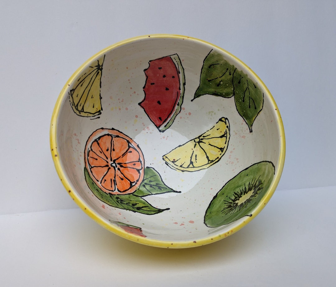 Yellow Hand Painted Fruit Bowl, Whimsical Fruit Bowl, Summer Decor