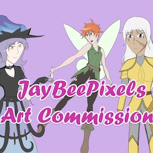Könnte beinhalten: Digitale Kunst mit drei Fantasy-Charakteren: einer Hexe, einer Fee und einem Ritter. Die Hexe trägt ein schwarzes Kleid und einen Hut mit einer blauen Flamme. Die Fee hat grüne Kleidung und Flügel. Der Ritter trägt eine goldene Rüstung. Der Text lautet "JayBeePixels Art Commissions."