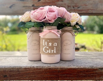 Baby Girl Shower Decorations, Rustic Baby Shower Décor, Baby Shower Girl Centrepiece, Pretty Shower Centrepiece for Table, Mason Jars