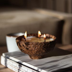 Peut inclure: Une bougie allumée dans un bol brun texturé avec trois mèches. Le bol est posé sur une pile de livres. La flamme de la bougie est vive sur le fond doux. La bougie est un élément de décoration intérieure.