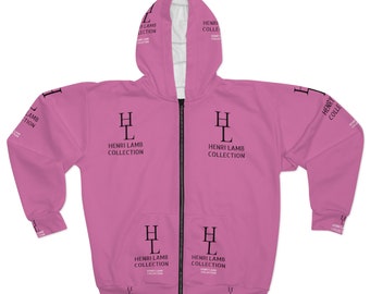 Colección Henri Lamb (primavera/otoño/invierno) Diseñador de chaquetas Regalos con capucha unisex con cremallera (AOP) en negro, rosa y blanco claro para él y ella
