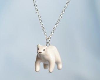 Handmade Ceramic Polar Bear Necklace, Cottagecore Necklace, Cute Animal Charm Necklace, Miniature Bear Figurine, Bear Jewelry, Cute Jewelry