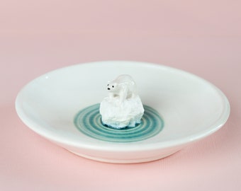 Handmade Ceramic Polar Bear on Iceberg Ring Dish, Clay Ring Dish, Animal Ring Dish, Ceramic Trinket Dish, Handmade Pottery, Cute Polar Bear