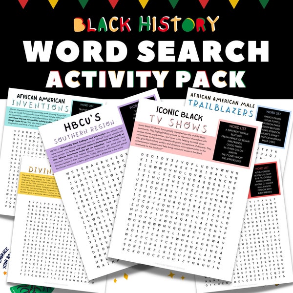 Black History Word Search Activity Pages Bundle | Black History School Activity | Educational Games | Black History Month | Digital Download