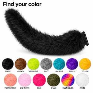 Op de afbeelding: Een zwarte kunstbont staart met een zwarte bevestigingsclip. Boven de staart staat de tekst "Find your color". Daaronder toont een raster van veertien cirkelvormige stalen de beschikbare kleuren: zwart, bruin, neon limoen, grijs, zeeblauw, paars, geel, poederroze, lichtroze, roze, kaki, meerkleurig en wit.